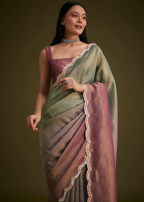 Purple Ombre Tissue Saree With Scallop Border