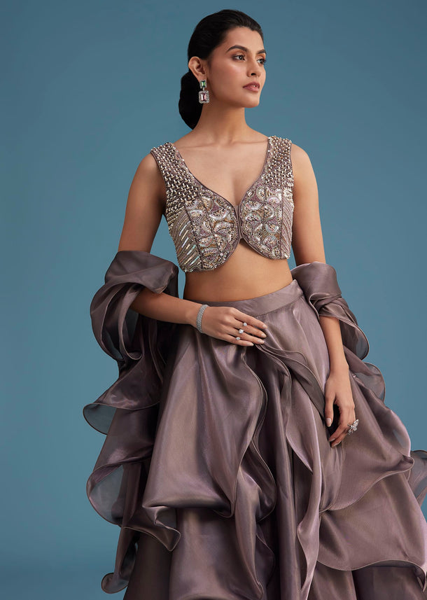 Purple Organza Ruffle Lehenga Set With Embellished Blouse