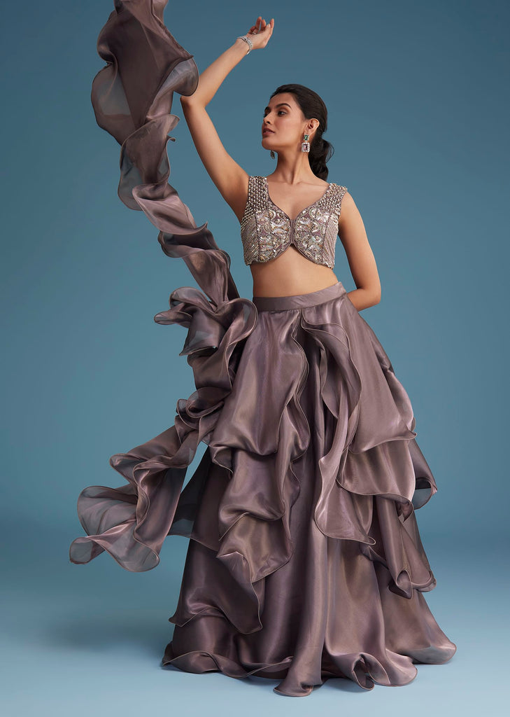 Purple Organza Ruffle Lehenga Set With Embellished Blouse