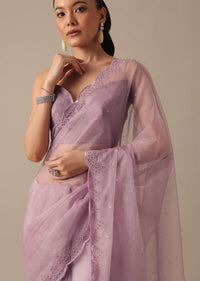 Purple Organza Saree with Embellished Border and Unstitched Blouse Piece
