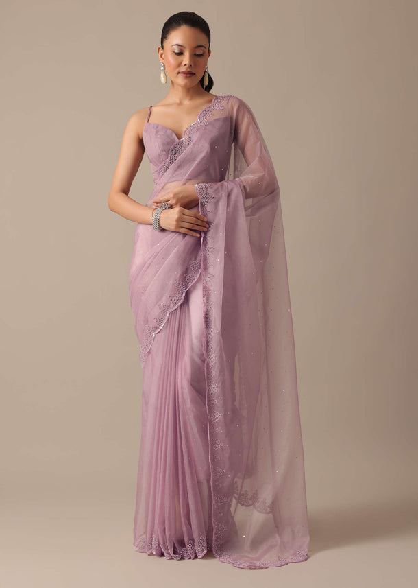 Purple Organza Saree with Embellished Border and Unstitched Blouse Piece