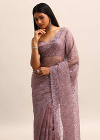 Purple Organza Saree With Floral Resham Thread Work And Unstitched Blouse