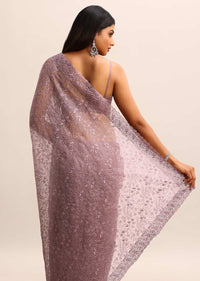 Purple Organza Saree With Floral Resham Thread Work And Unstitched Blouse