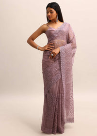 Purple Organza Saree With Floral Resham Thread Work And Unstitched Blouse