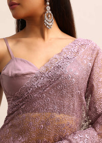 Purple Organza Saree With Floral Resham Thread Work And Unstitched Blouse