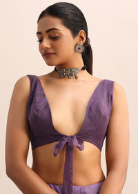 Purple Organza Saree With Floral Thread Work Border And Unstitched Blouse