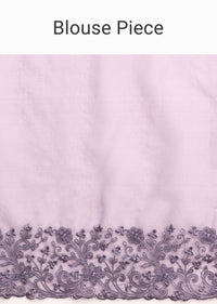 Purple Organza Saree With Floral Thread Work Border And Unstitched Blouse