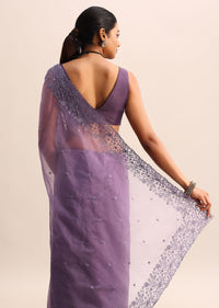 Purple Organza Saree With Floral Thread Work Border And Unstitched Blouse