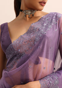 Purple Organza Saree With Floral Thread Work Border And Unstitched Blouse