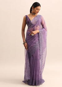 Purple Organza Saree With Floral Thread Work Border And Unstitched Blouse