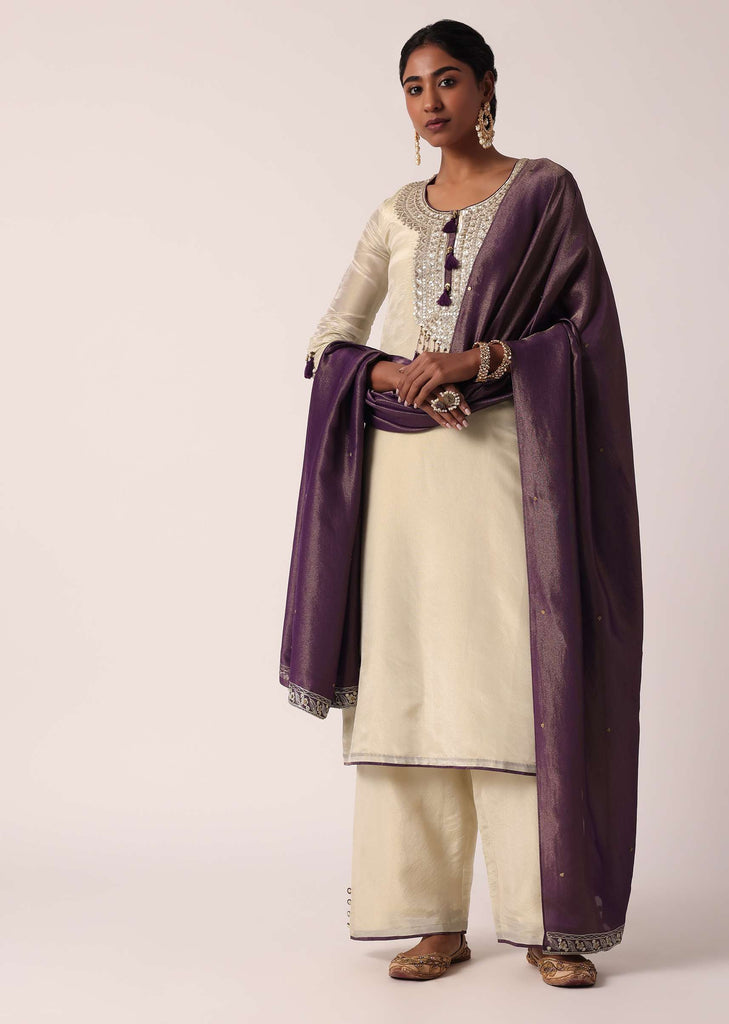 Purple Palazzo Set In Silk With Embroidered Kurta