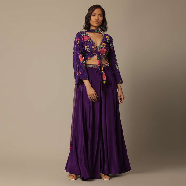 Purple Palazzo Set With Embroidered Top