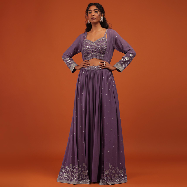 Purple Palazzo Suit In Georgette With Machine Embroidery