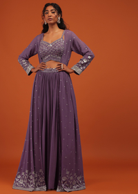 Purple Palazzo Suit In Georgette With Machine Embroidery