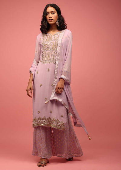 Lavender Purple Palazzo Suit Set Hand Embroidered In Georgette With Embroidery