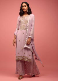 Lavender Purple Palazzo Suit Set Hand Embroidered In Georgette With Embroidery