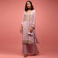 Lavender Purple Palazzo Suit Set Hand Embroidered In Georgette With Embroidery