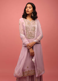 Lavender Purple Palazzo Suit Set Hand Embroidered In Georgette With Embroidery