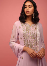 Lavender Purple Palazzo Suit Set Hand Embroidered In Georgette With Embroidery
