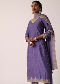Purple Pant Set In Chanderi With Embroidered Kurta
