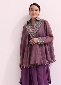 Purple Croptop And Dhoti With Embroidered Cape