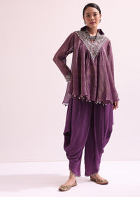 Purple Croptop And Dhoti With Embroidered Cape