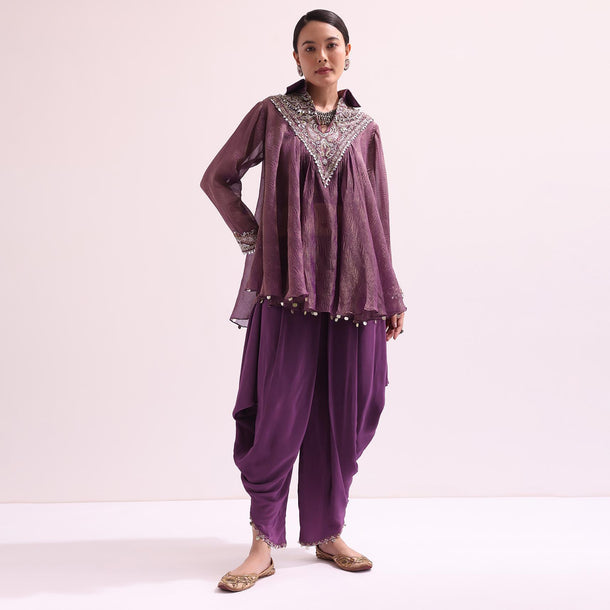 Purple Croptop And Dhoti With Embroidered Cape