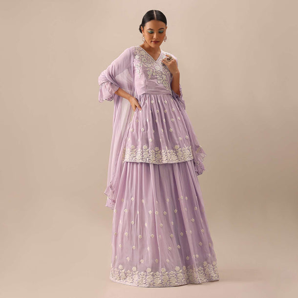 Purple Peplum Top And Lehenga Set with Sequin