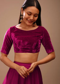 Purple Pink Blouse In Velvet With Half Sleeves And Round Neckline