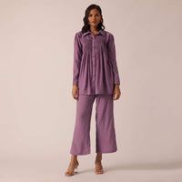 Purple Pleated co ord set In Chanderi With Belt
