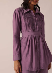 Purple Pleated co ord set In Chanderi With Belt
