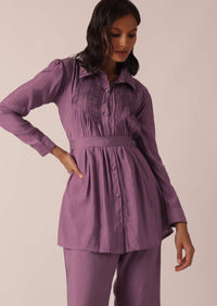 Purple Pleated co ord set In Chanderi With Belt