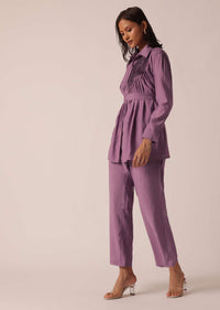 Purple Pleated co ord set In Chanderi With Belt