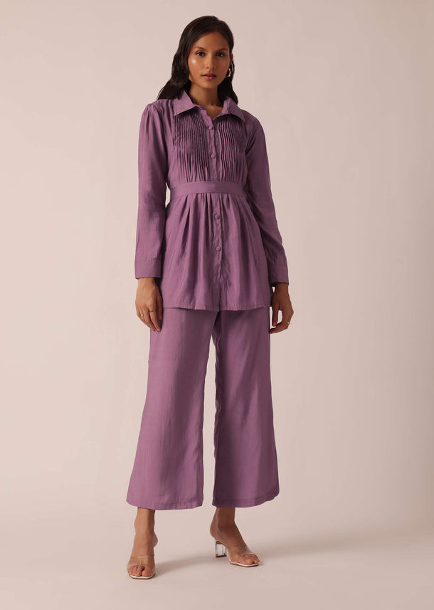 Purple Pleated co ord set In Chanderi With Belt