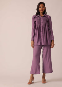 Purple Pleated co ord set In Chanderi With Belt