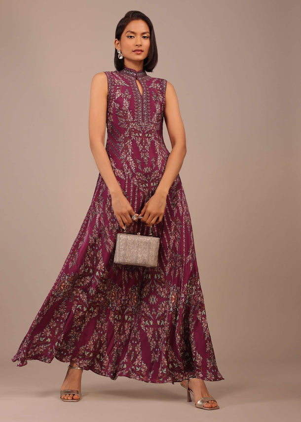 Grape Purple Printed Anarkali Kurti With Stonework In Crepe