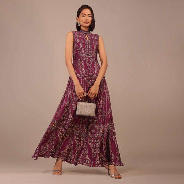 Grape Purple Printed Anarkali Kurti With Stonework In Crepe