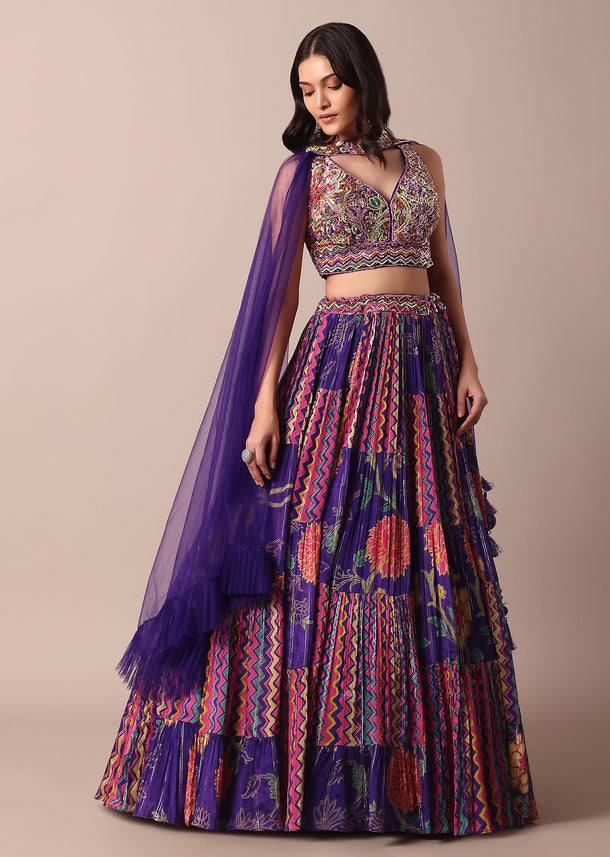 Purple Printed Chiffon Lehenga With Embroidered Choli And Net Dupatta