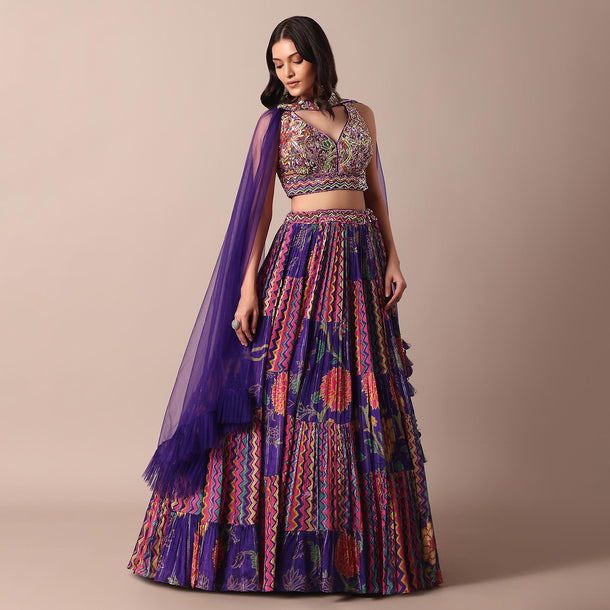 Purple Printed Chiffon Lehenga With Embroidered Choli And Net Dupatta