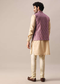 Purple Printed Jacket And Kurta Set In Silk