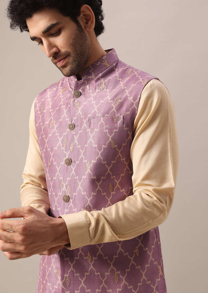 Purple Printed Jacket And Kurta Set In Silk