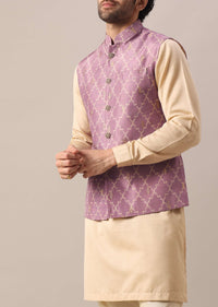 Purple Printed Jacket And Kurta Set In Silk