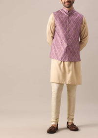 Purple Printed Jacket And Kurta Set In Silk