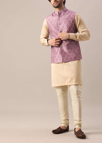 Purple Printed Jacket And Kurta Set In Silk