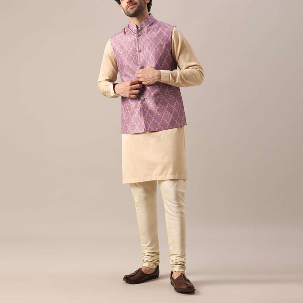 Purple Printed Jacket And Kurta Set In Silk