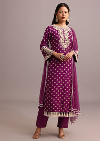 Purple Printed Kurta Pant Set With Net Dupatta