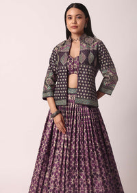 Plum Purple Printed Lehenga Set With Jacket