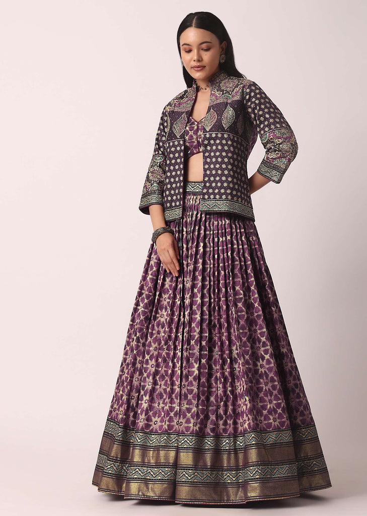 Plum Purple Printed Lehenga Set With Jacket