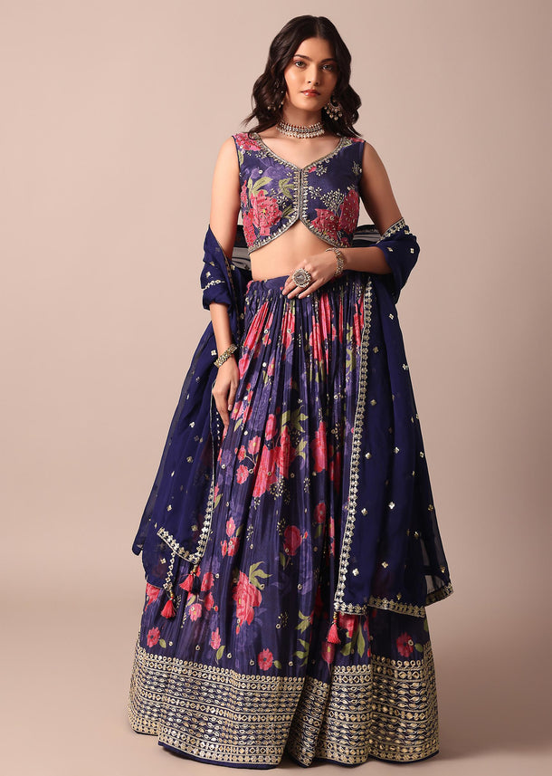 Purple Printed Lehenga With Intricate Embroidered Choli And Dupatta