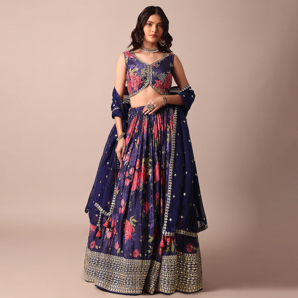 Purple Printed Lehenga With Intricate Embroidered Choli And Dupatta